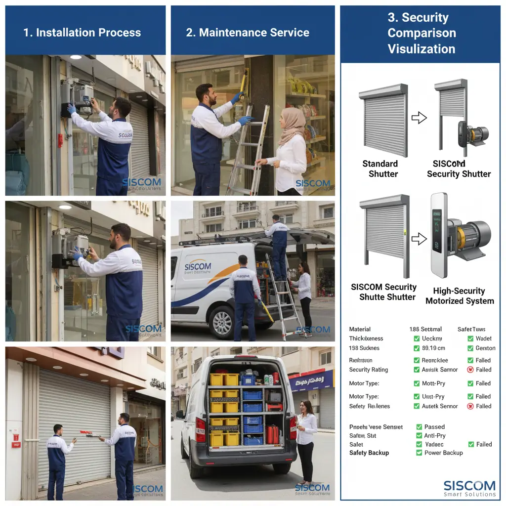 "مشهد شامل لأبواب المحلات التجارية في مصر: باب رول ألمنيوم لمحل أزياء مع موتور تحكم، باب رول مثقب لمحل إلكترونيات، شبك أمني عالي الحماية لمحل مجوهرات، مع تفاصيل التركيب والصيانة والأسعار وعروض الخدمة من SISCOM - هاتف 01228871084"
