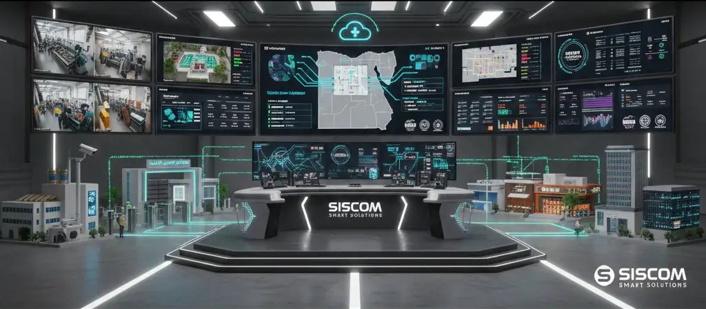 "SISCOM Smart Solutions integrated security and communications systems serving all sectors in Egypt - factories, schools, hospitals, retail, and corporate - showing unified management, Egyptian compliance, and scalable architecture"