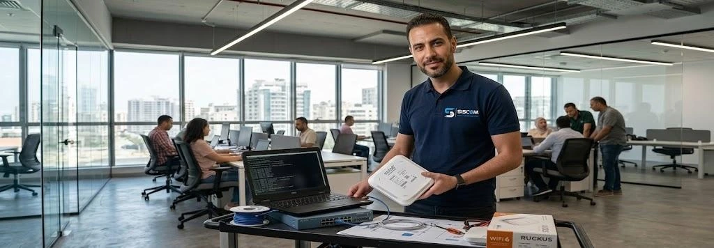 Enterprise WiFi 6 network installation in modern Cairo office by SISCOM engineers