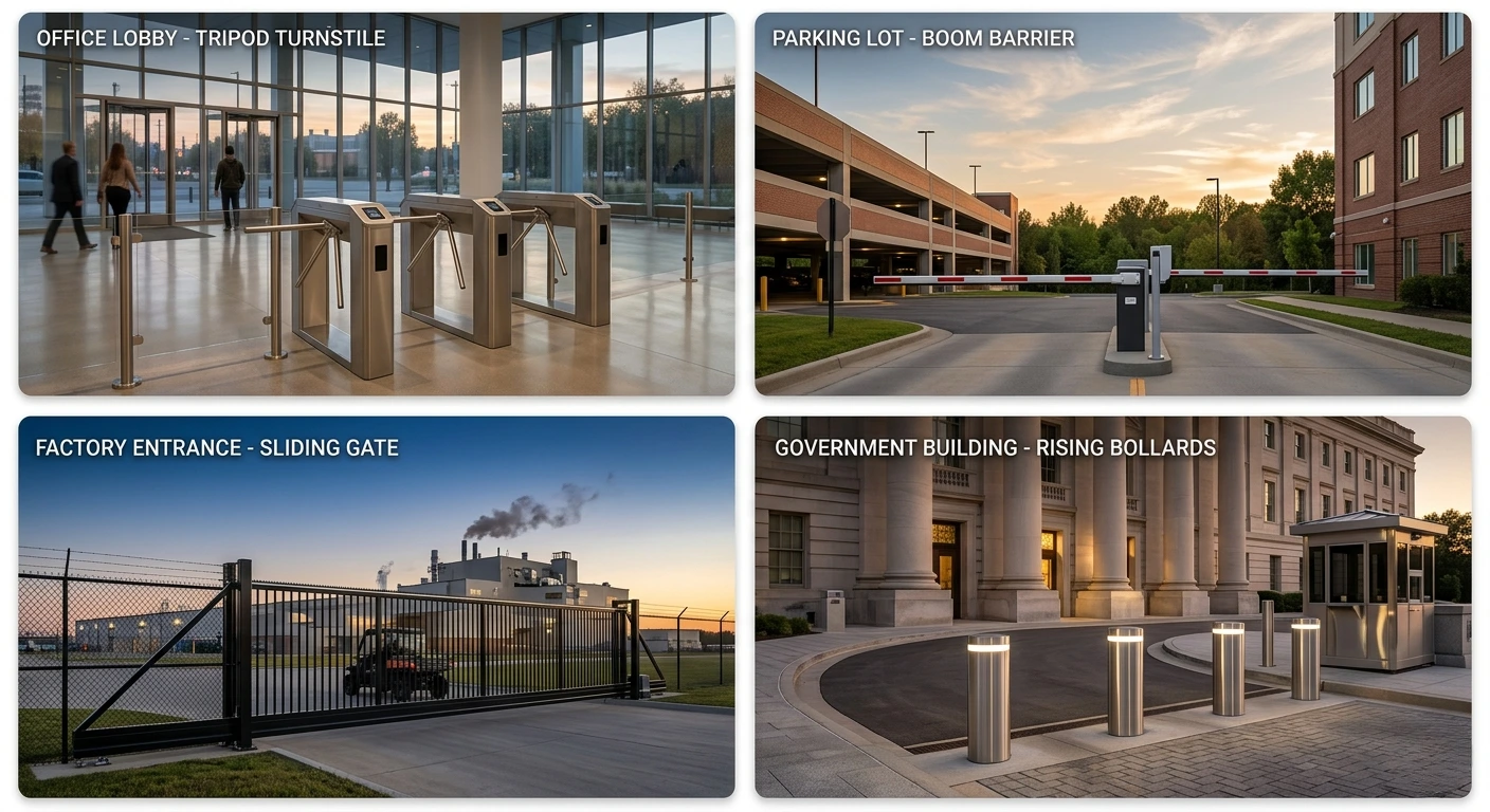 Automatic gate systems showcase – turnstile, parking barrier, sliding gate, bollards in Egypt