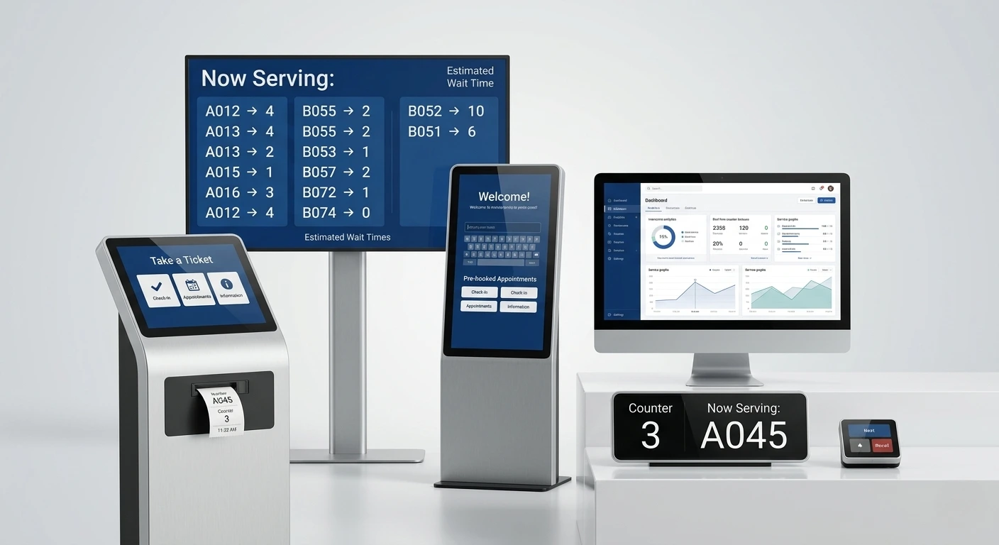 Customer using touch screen ticket dispenser at a bank – SISCOM queue management system