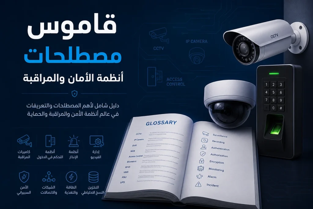 قاموس مصطلحات أنظمة الأمان والمراقبة يوضح أهم مصطلحات كاميرات المراقبة وأنظمة التحكم في الدخول وإنذار الحريق والشبكات الأمنية.