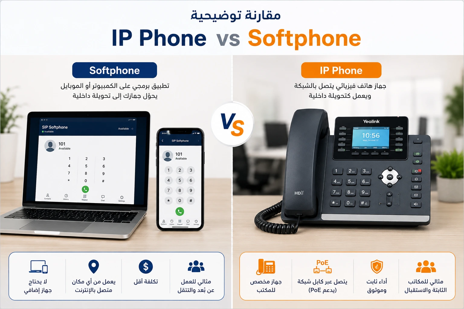 مقارنة بين IP Phone و Softphone: هاتف مكتبي مقابل تطبيق على الحاسوب