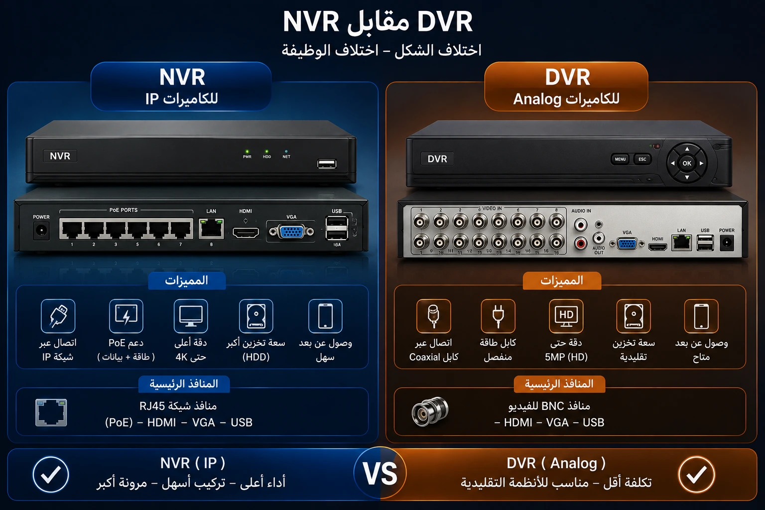 مقارنة بين أجهزة التسجيل NVR الخاصة بكاميرات IP وأجهزة DVR الخاصة بكاميرات Analog
