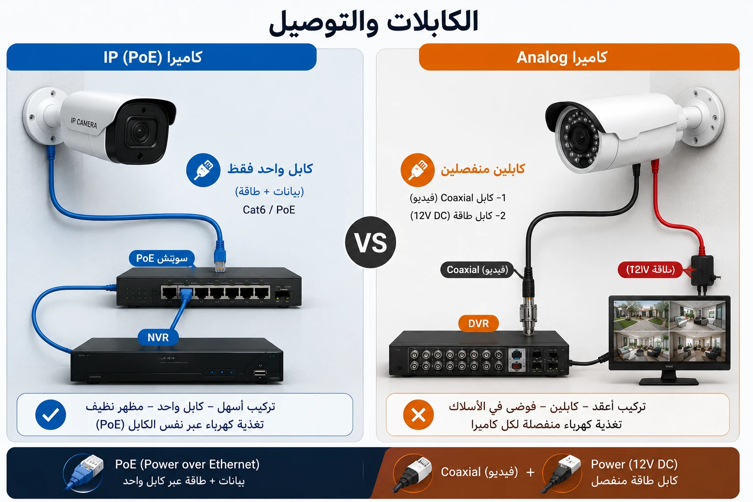 مقارنة بين كابل PoE المستخدم في كاميرات IP وكابل Coaxial المستخدم في كاميرات Analog