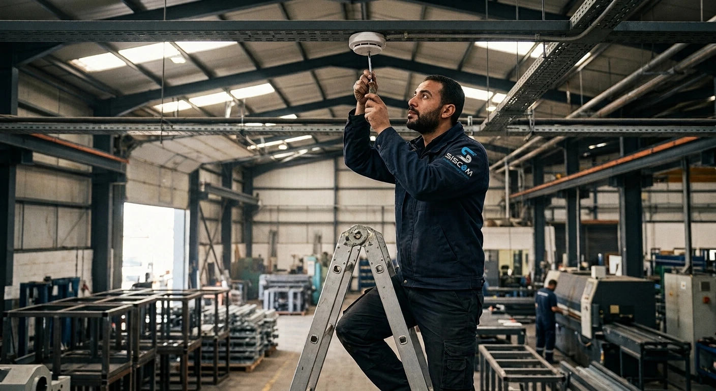 Fire alarm smoke detector installation at a factory in Egypt