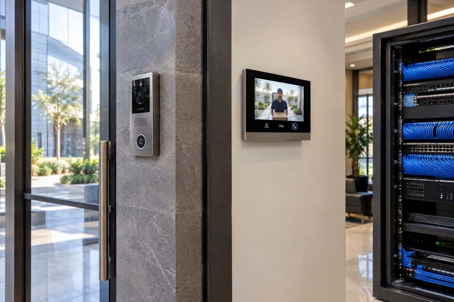 نظام IP Video Intercom متصل ببنية شبكة وكابلات Ethernet
