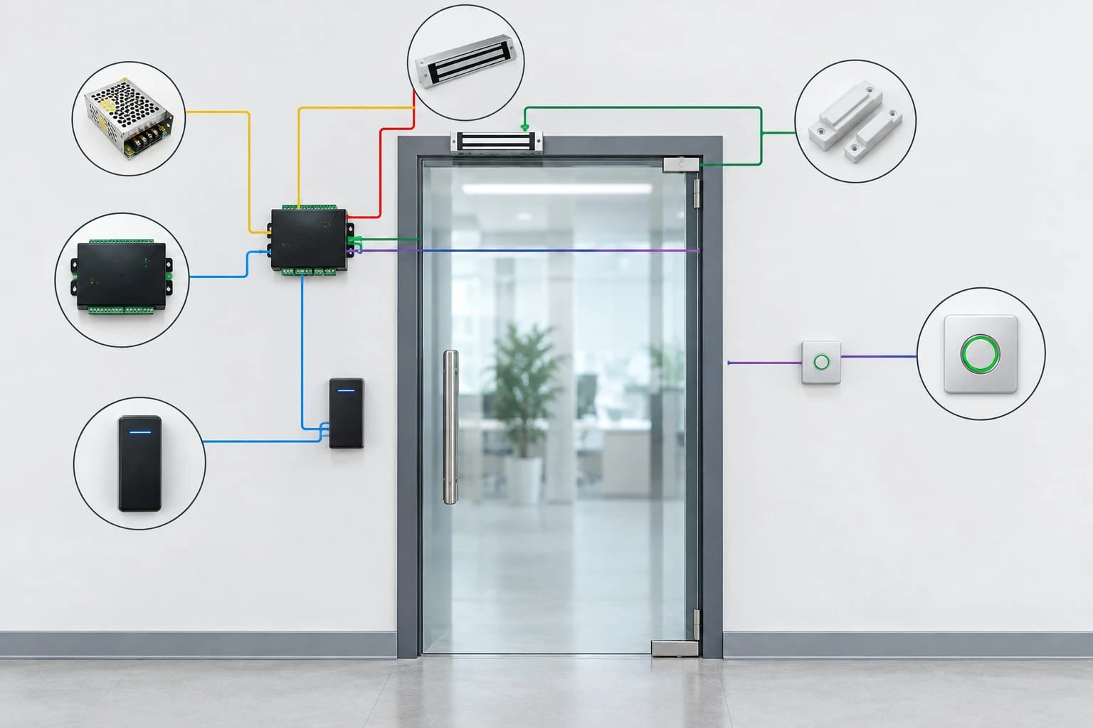 مكونات نظام Access Control: قارئ بطاقات، وحدة تحكم، قفل كهربائي، زر خروج، وحساس باب