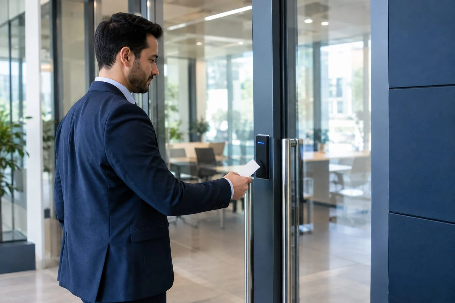 نظام Access Control عند مدخل مكتب: قارئ بطاقات ووحدة تحكم للتحكم في الدخول