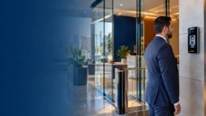 Facial recognition access control system at a modern corporate entrance in Egypt