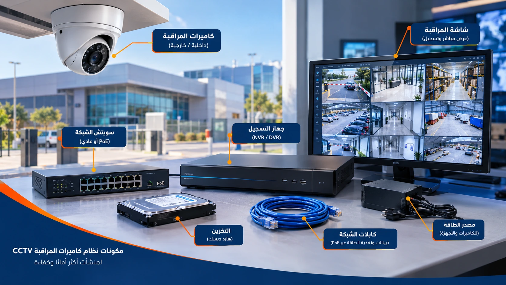 مكونات نظام كاميرات المراقبة CCTV في المنشآت